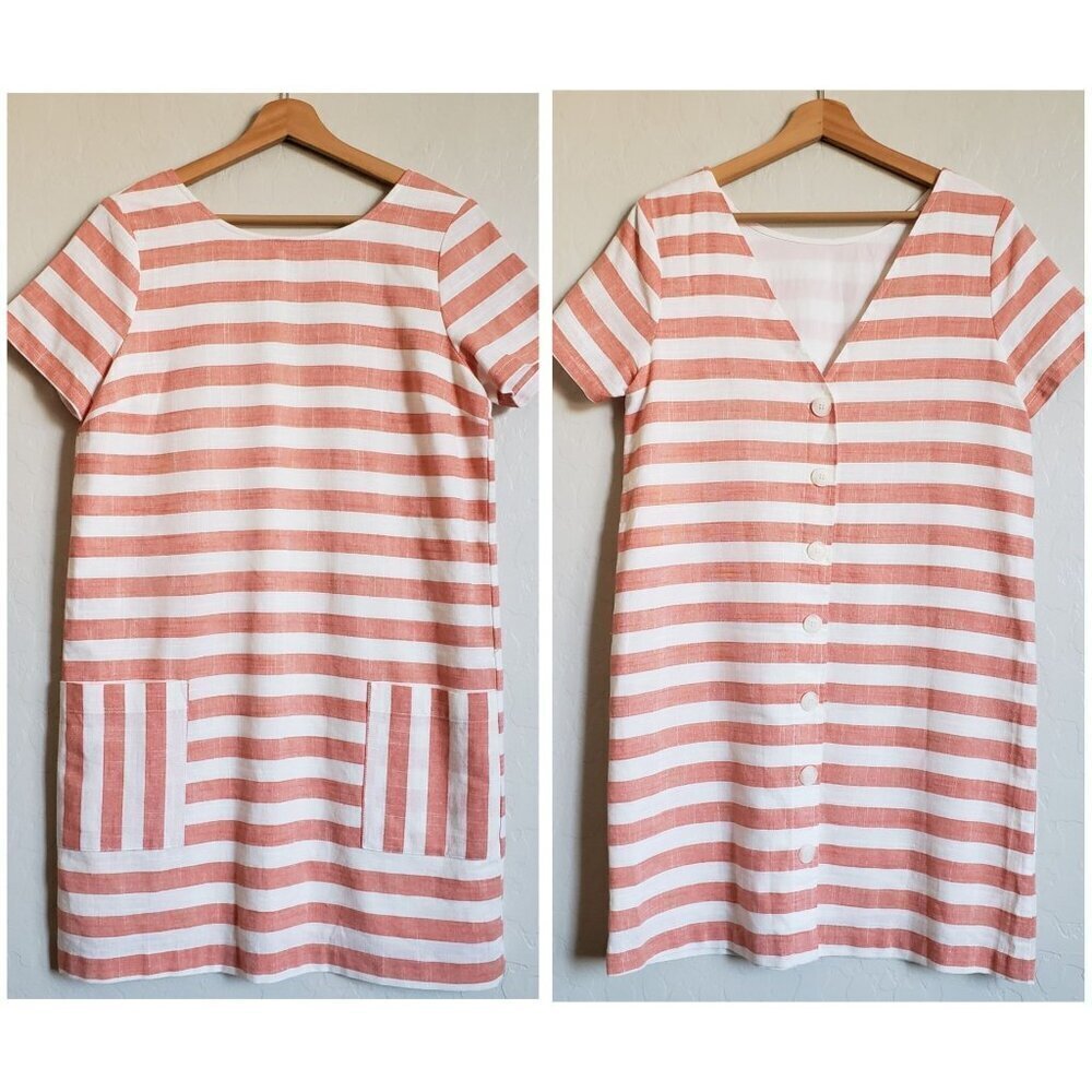 Gilli Striped Button Back Linen Blend Shift Dress White/Orange Size Womens Small